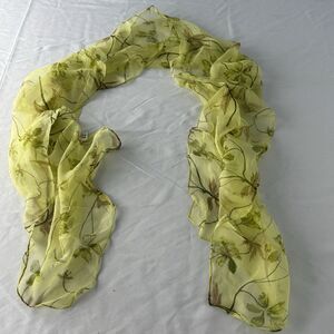 Vintage Scarf 100% Viscose Sheer Yellow Green Floral 52x12 Rectangular